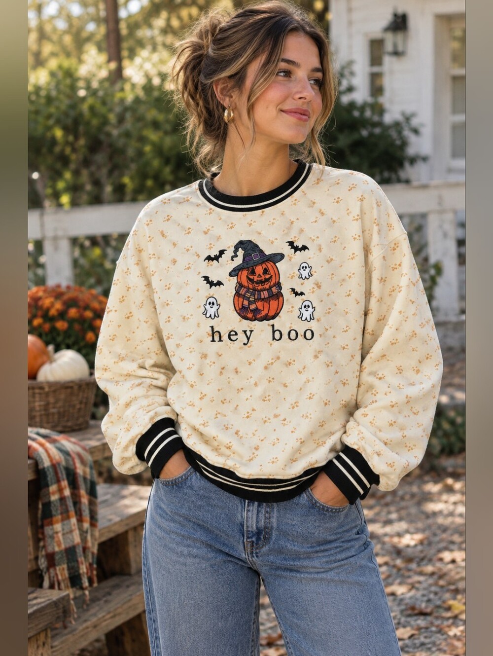 Simply Southern Halloween Hey Boo Pumpkin Sweatshirt Womens S Cream Bat Ghost